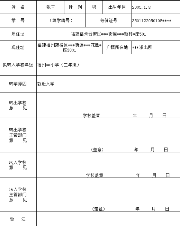 广东省转学申请表详解